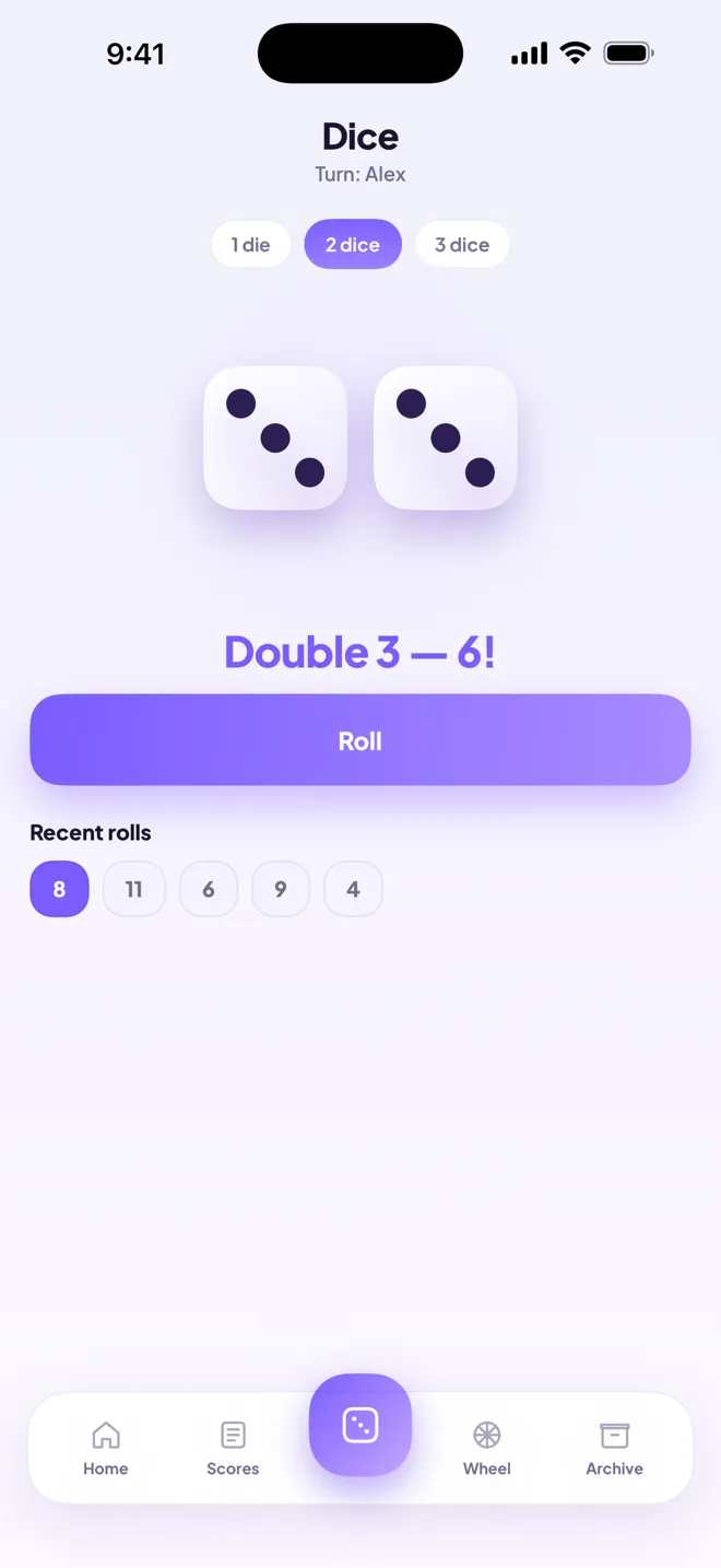 Two animated dice mid-roll on the Scoresheet dice screen