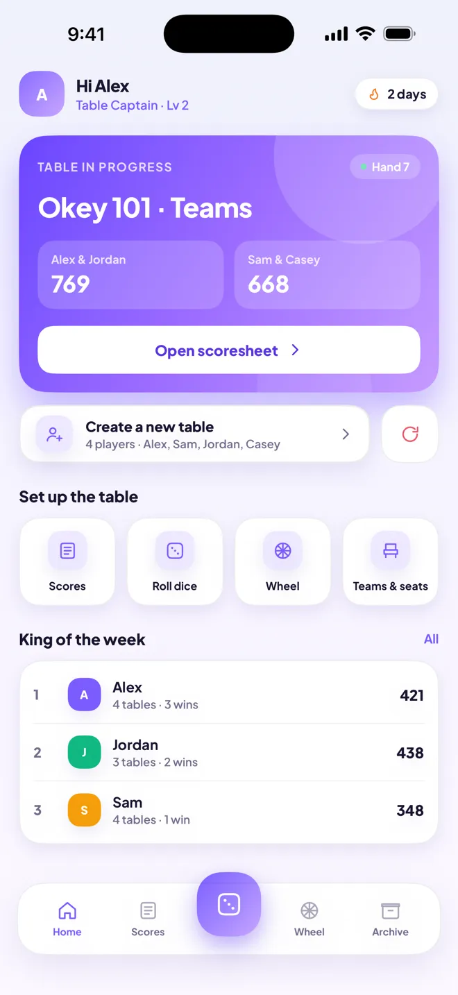 Scoresheet home screen showing a game of Okey 101 in progress with team scores