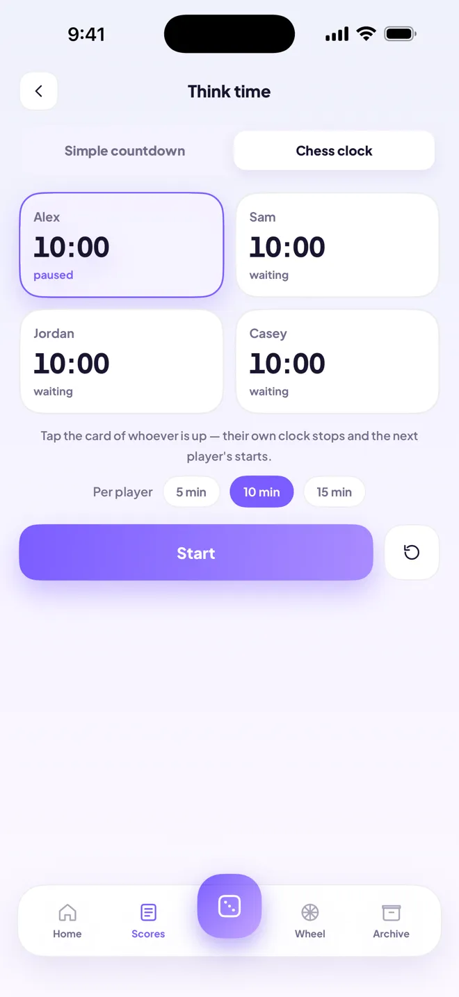Chess clock view with a time budget card for each player