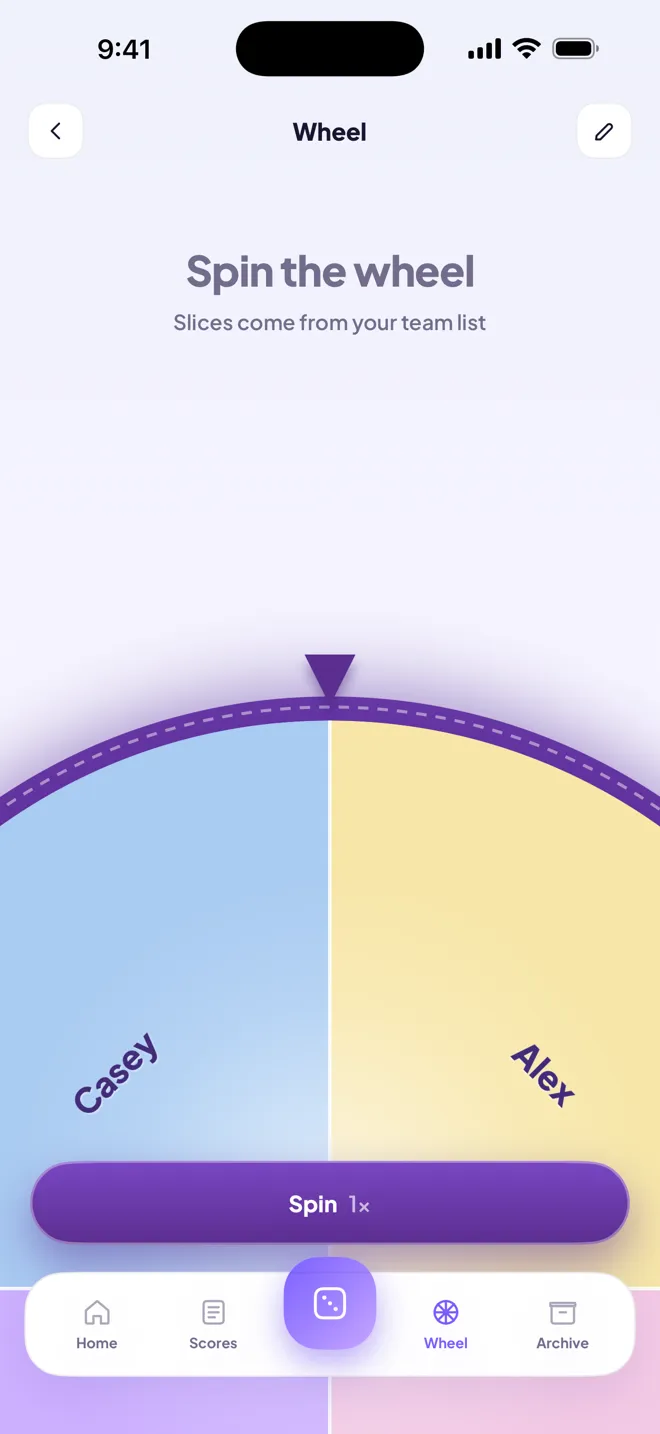 A large colourful decision wheel with player names on each slice